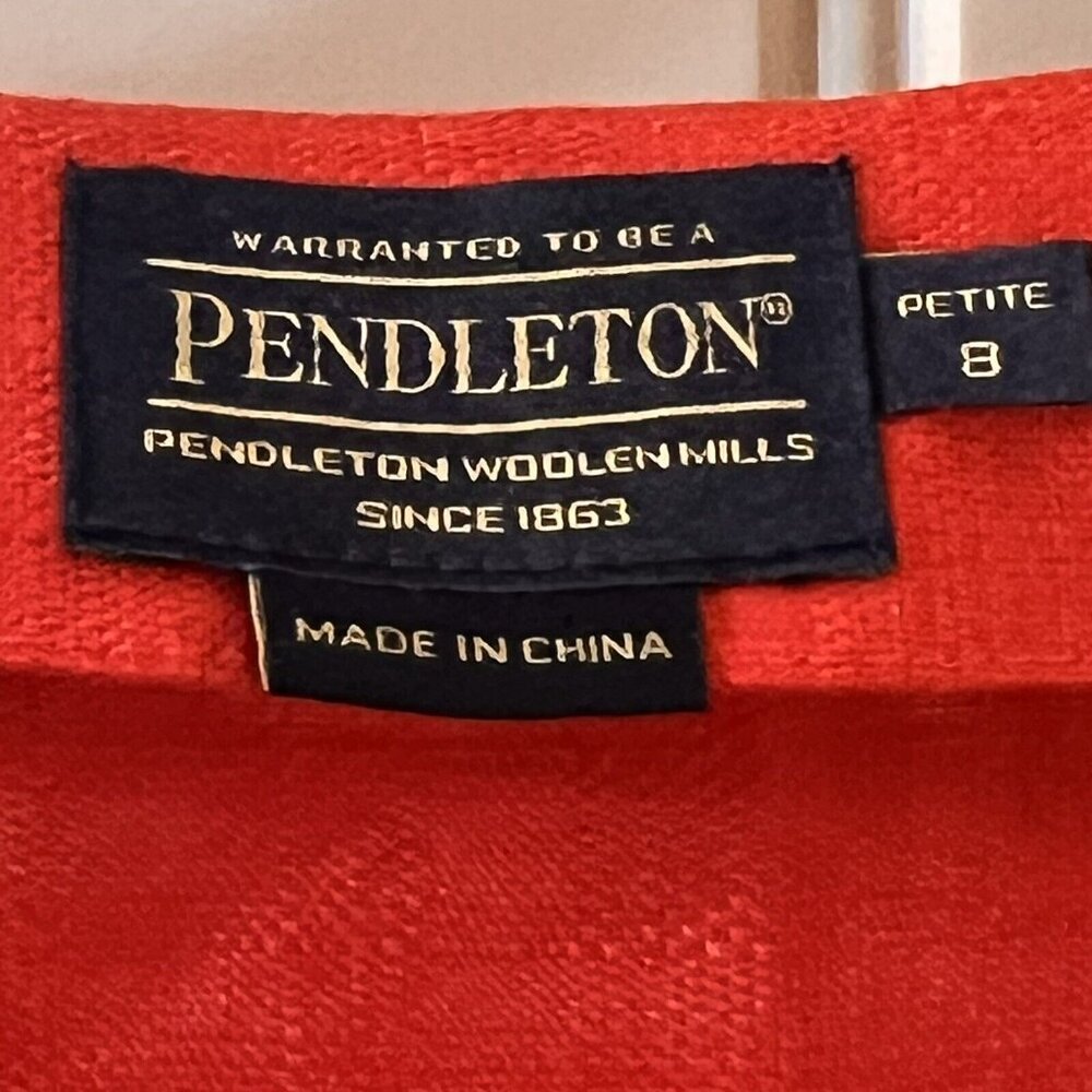 PENDLETON Blouse Womens Petite 8 Red Linen Pullover V Neck Gray Trim 3/4 Sleeve - Picture 4 of 13